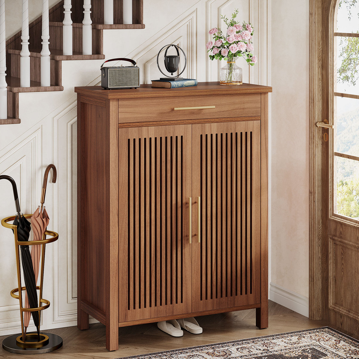 Ishpreet 5-Tier Shoe Storage Cabinet With Doors And Drawer, Wooden Shoe Rack Organizer